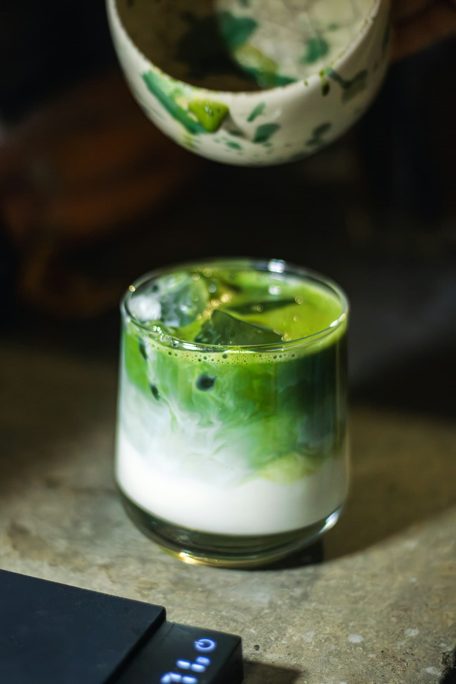 Fresh matcha latte prepared at home